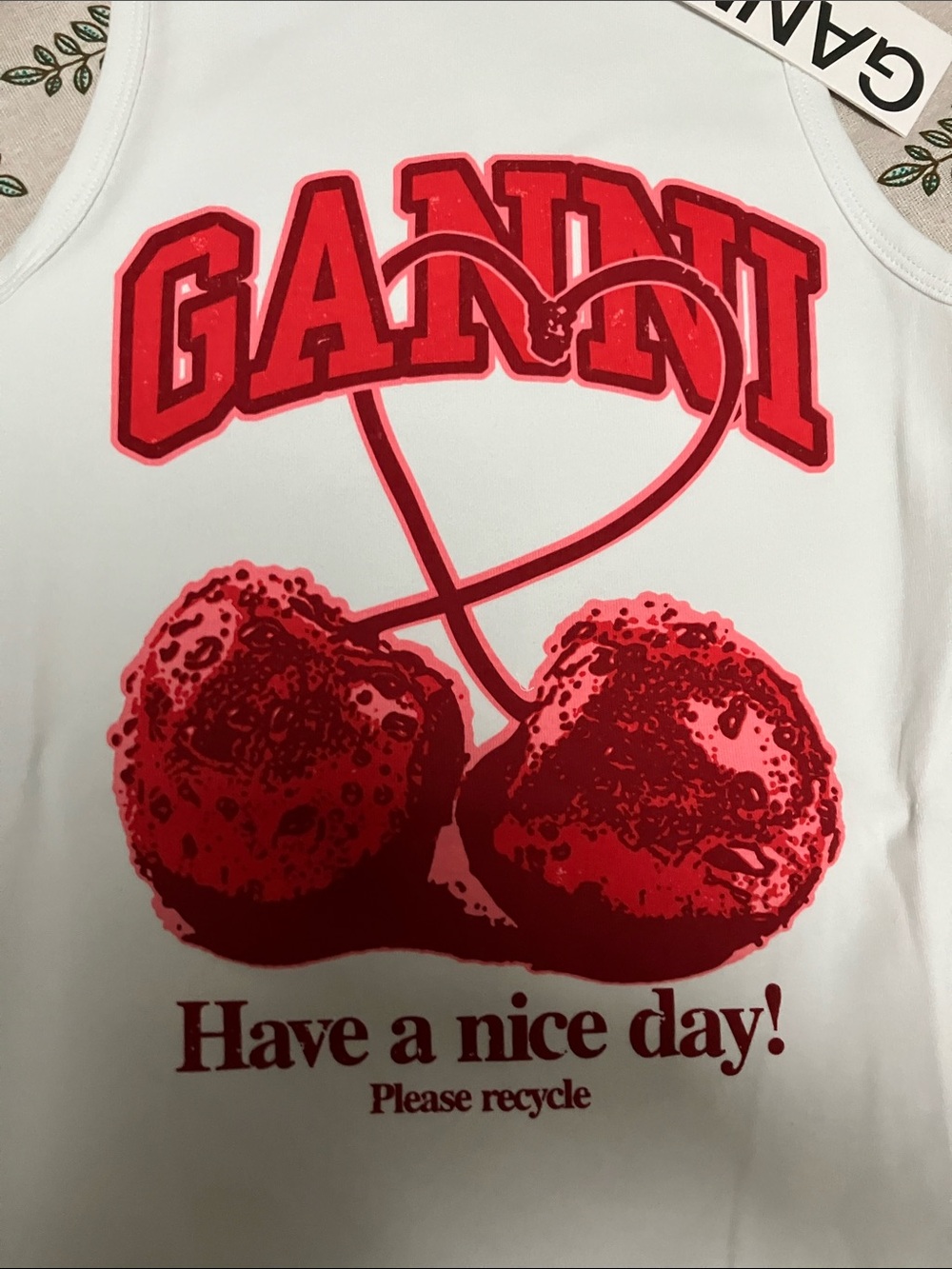 Ganni White Tank Top with Red Cherry heart Graphic print sleeveless Tee - Picture 2 of 6